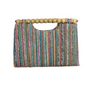 Haute Hippie Boho‎ Indie Resort Raffia Woven Beaded Handle Bag Colorful Purse